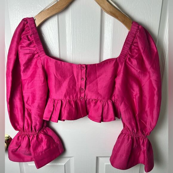 ALEMAIS Pink Ruffle Blouson 3/4 Sleeve Blaire Peplum Crop Top Fuchsia 2 - Picture 7 of 10
